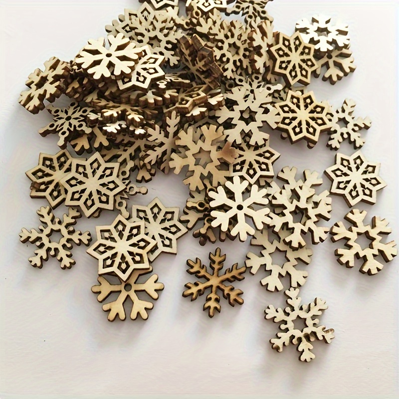 

100pcs Wooden Snowflake Cutouts For Crafts - Plywood Assorted Designs Christmas Tree Ornaments, Diy Holiday Embellishments, Festive Wedding & Party Decor