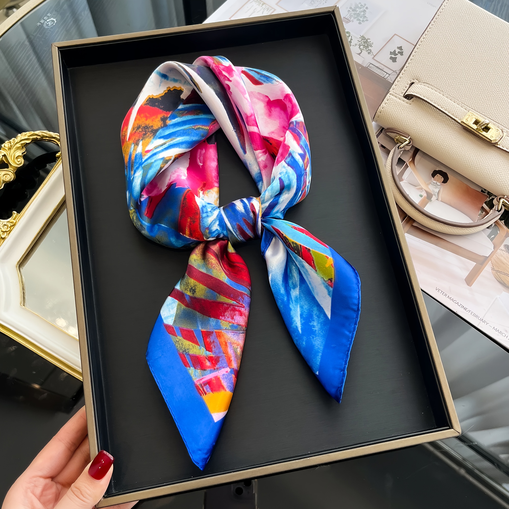 TEMU 1pc Women's New Printed Line Red Flower 60cm Square Scarf Bandana Fashion Versatile Neck Scarf Soft Thin Scarf Hairband Headscarf Hair Accessory