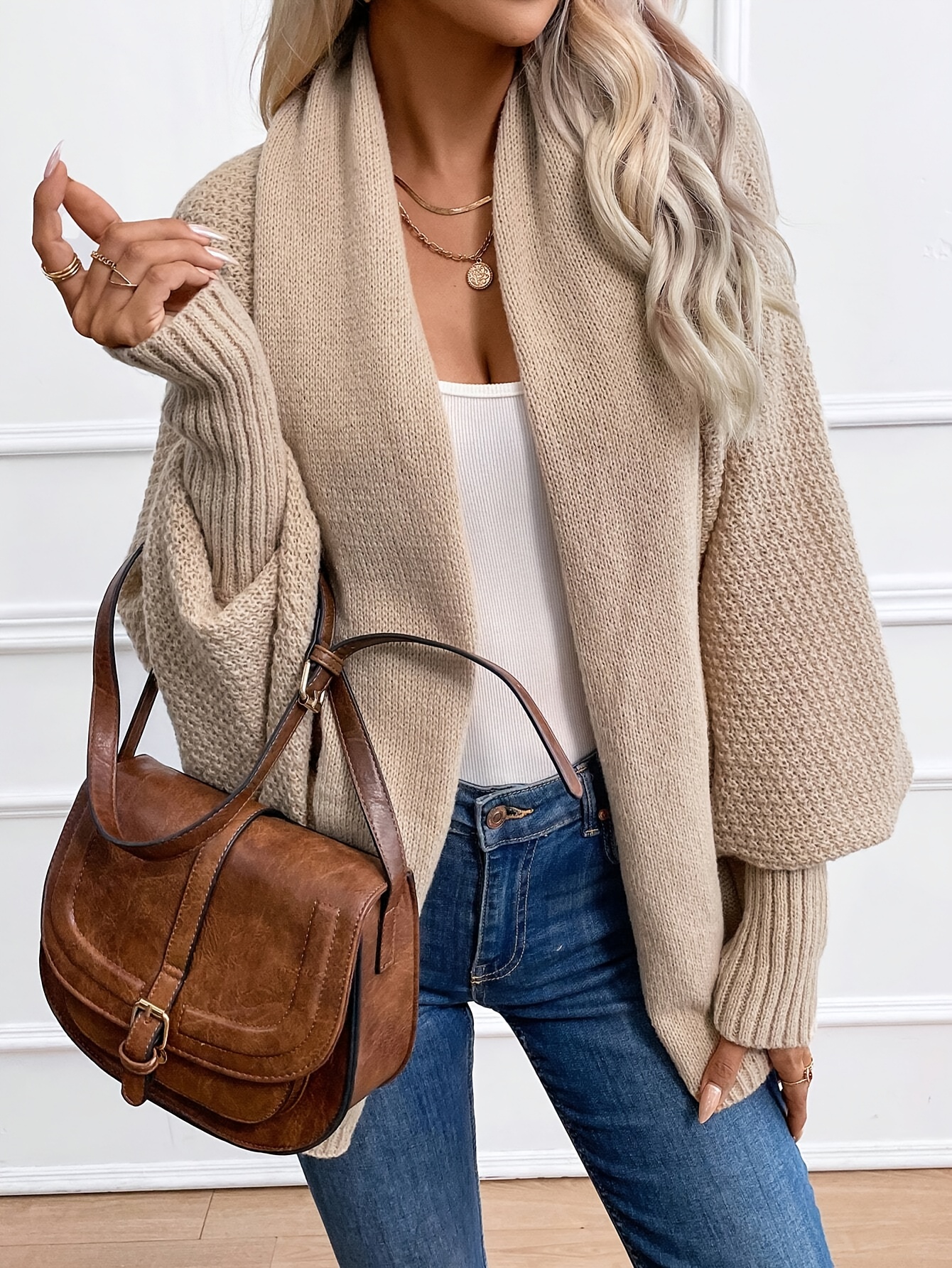 open front batwing sleeve cardigan elegant solid color loose cardigan for fall winter womens clothing