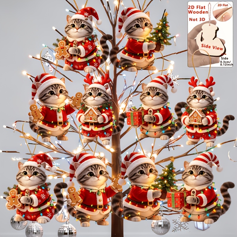 TEMU 2d Flat, 2d Flat 10pcs Set Of Adorable Calico Cat Christmas Ornaments, Featuring Classic Holiday Element Printed Designs, An For Christmas And