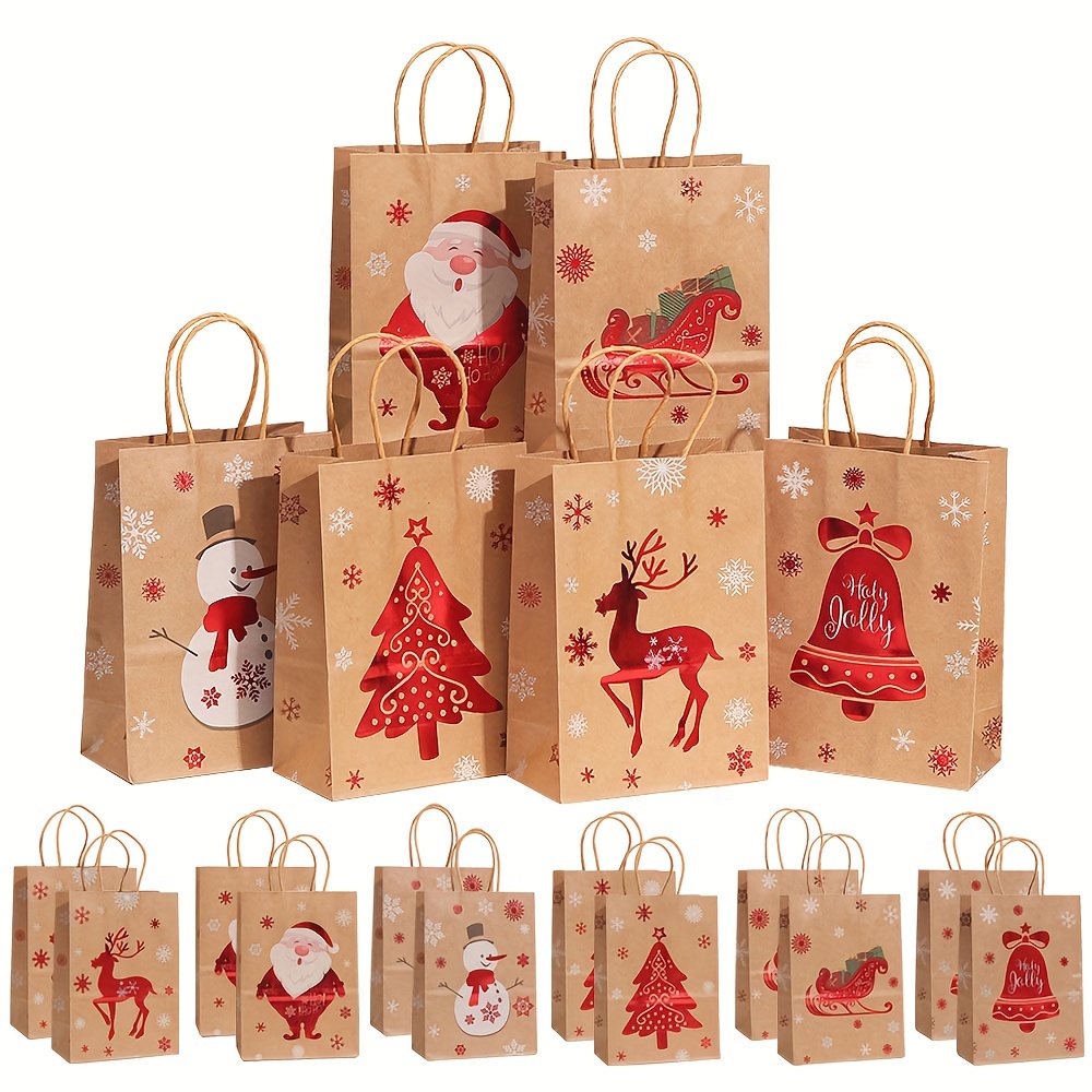 

12-piece Christmas Gift Bags With Handles - Festive Santa, Reindeer & Snowman Prints For Holiday Shopping And Party Favors