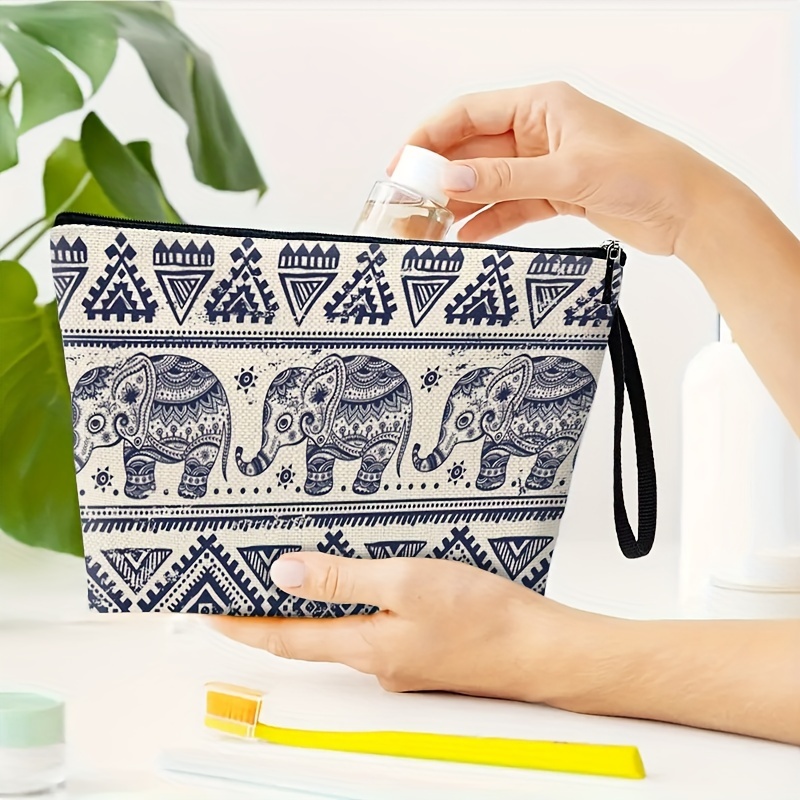 

Chic Women's Makeup Bag With Elephant & - Polyester, Zippered Cosmetic Pouch For Travel & Use, Ideal Gift For Her, 6.7" X 9.9, Makeup Travel Bag