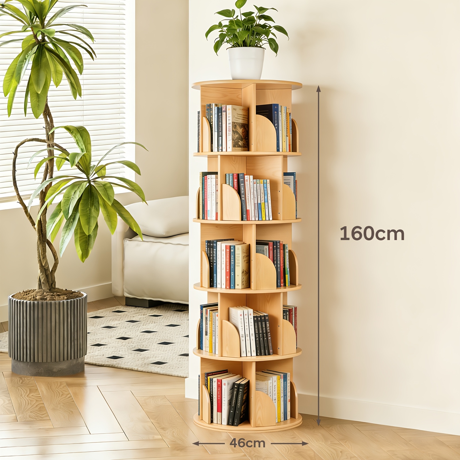 Image of 360° Rotating Bookshelf Tower, 46cm Large Diameter × 160cm Height, 3/4/5-tier Spinning Bookcase, Space- Floor Standing Book Storage Organizer For Living Room, Bedroom, Office