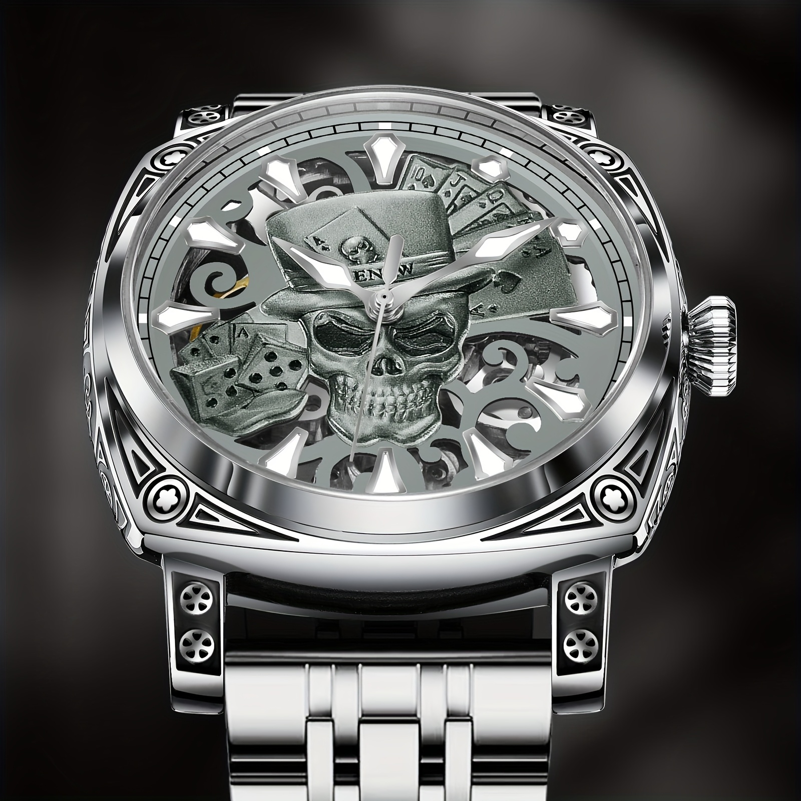 Image of Glenaw Men's Vintage Skull & Automatic Watch - Golden-tone Stainless Steel Strap, Mechanical Movement, Open-, Date Display, Alloy Case For Elegant , Formal Accessory, Ornate , Without Battery