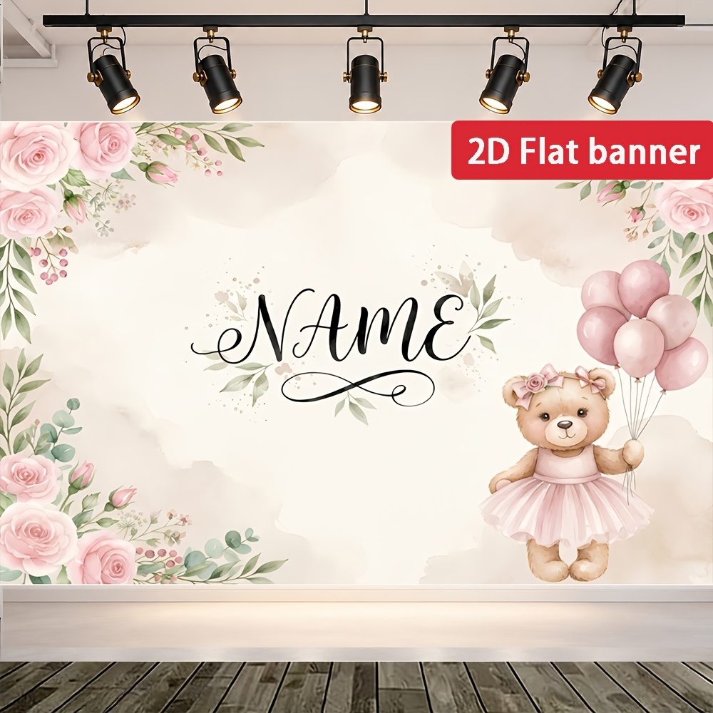 TEMU 2d Flat - 2d Flat Custom Backdrop Banner, 1pc Personalized For Party Banner Decorated With Elegant Watercolor Roses Teddy Bear, Supports Custom