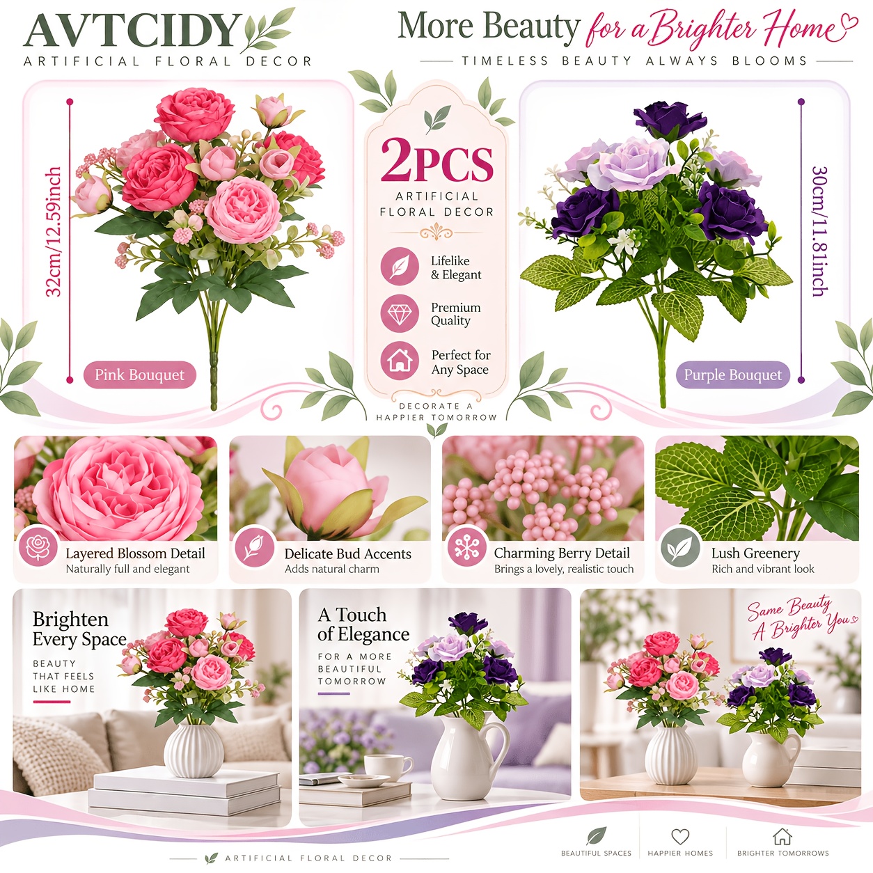 TEMU Ensemble de 2 bouquets de roses artificielles, roses roses et violettes contrastées, fausses fleurs mélangées, têtes de roses multicouches avec
