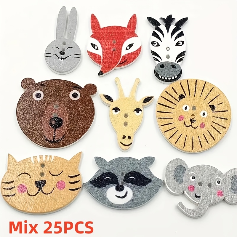 25 Wooden Buttons Mixed With , 20-30mm Rabbit, Teddy Bear, Elephant, Diy , Clothes, Hand Decorated Sewing Accessories, 2 Holes