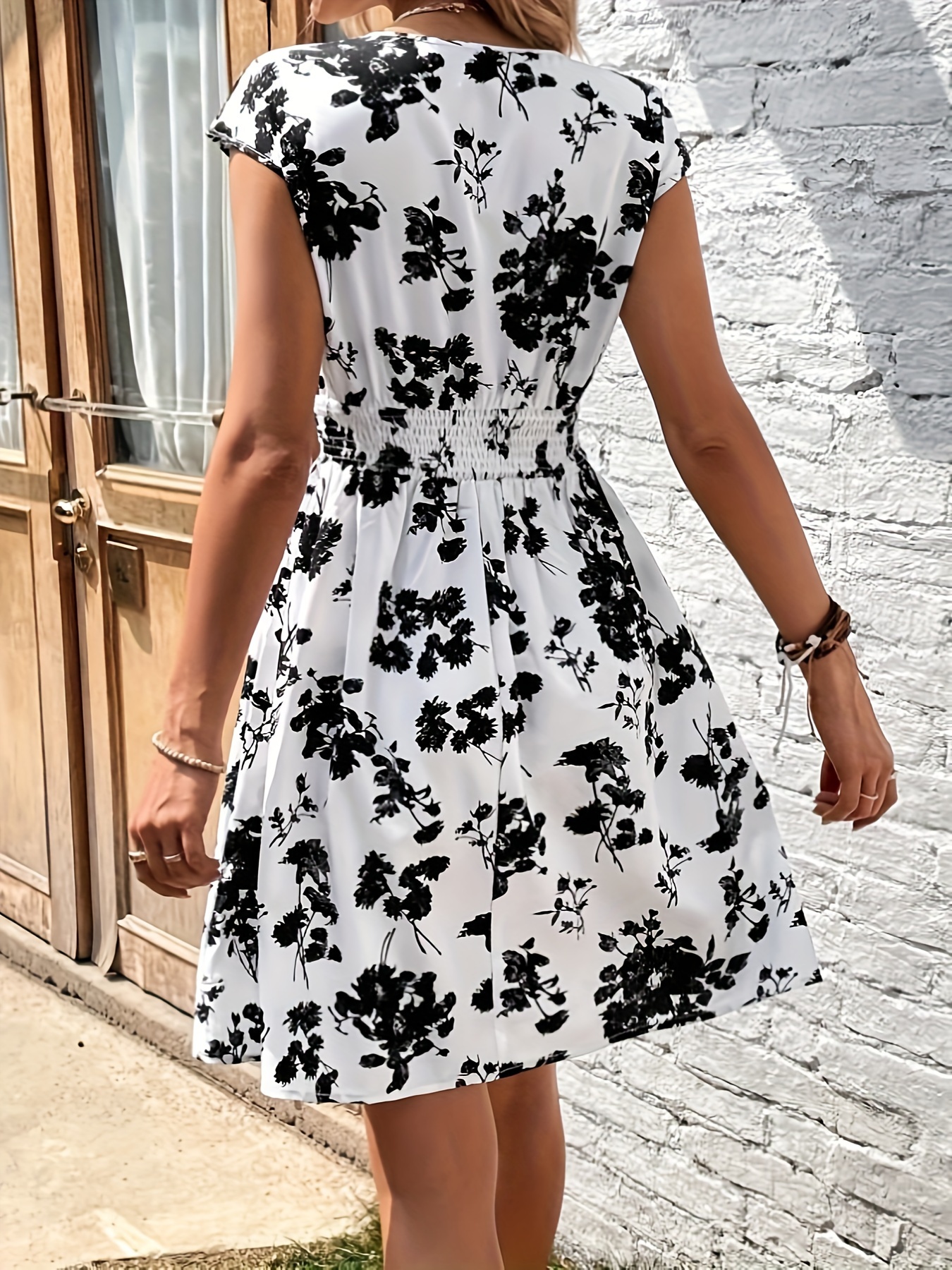 floral print v neck shirred waist dress elegant cap sleeve aline dress for spring summer womens clothing white 1