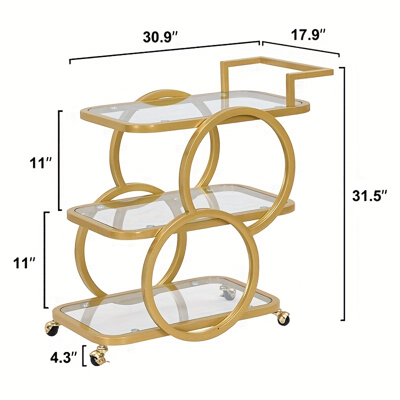 Golden Bar Carts with 3-Tier Shelves, Rolling Bar Carts on Wheels, Kitchen Serving Cart for Dining Room, Glass Bar Carts for Home Use, Round Bar Carts, Wine Carts