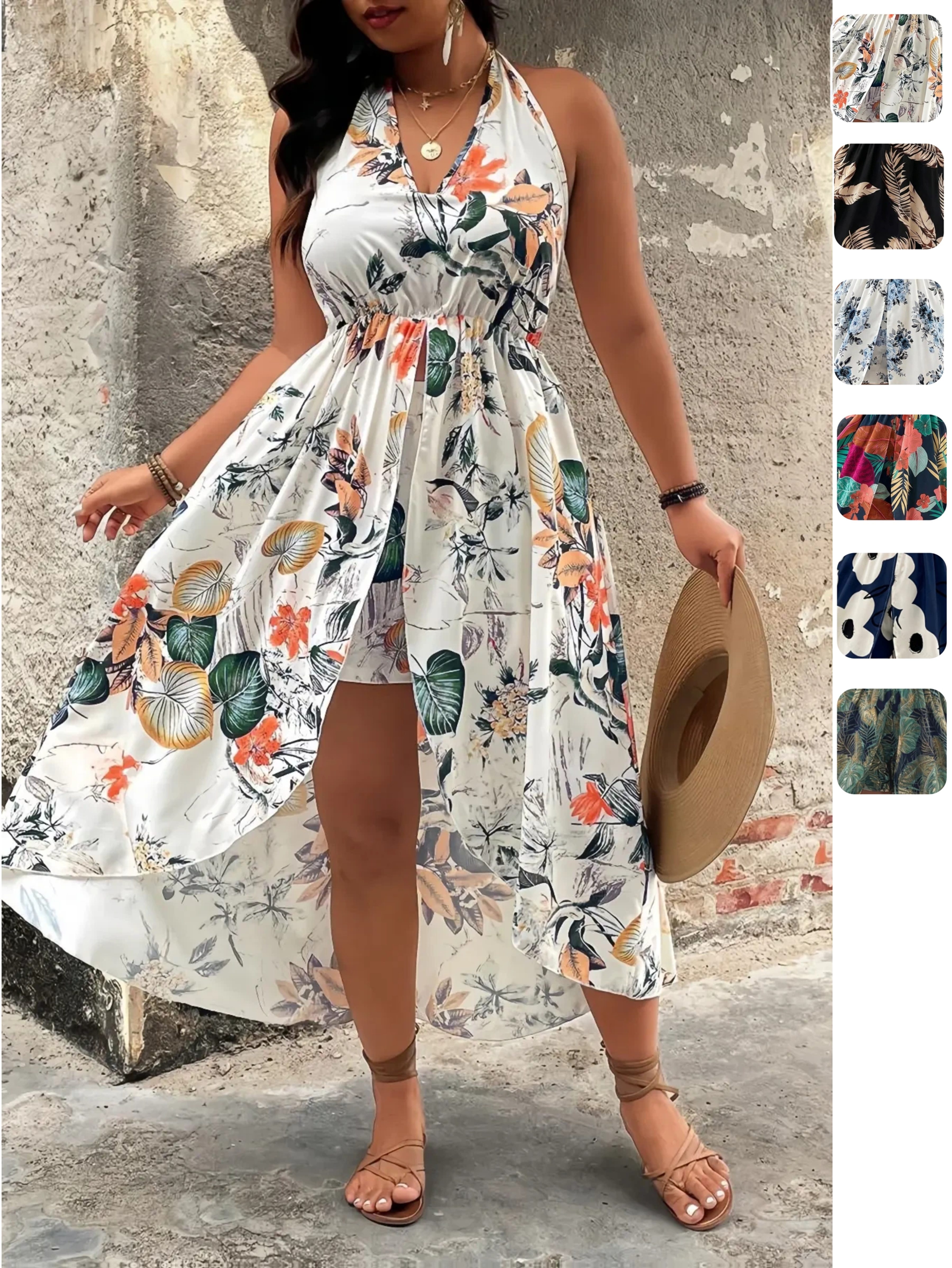 Plus Size - Plus Size - Plus Size Women'S *-Neck Long Dress Shorts Two  Piece Set * Beach Style Casual Dress Set