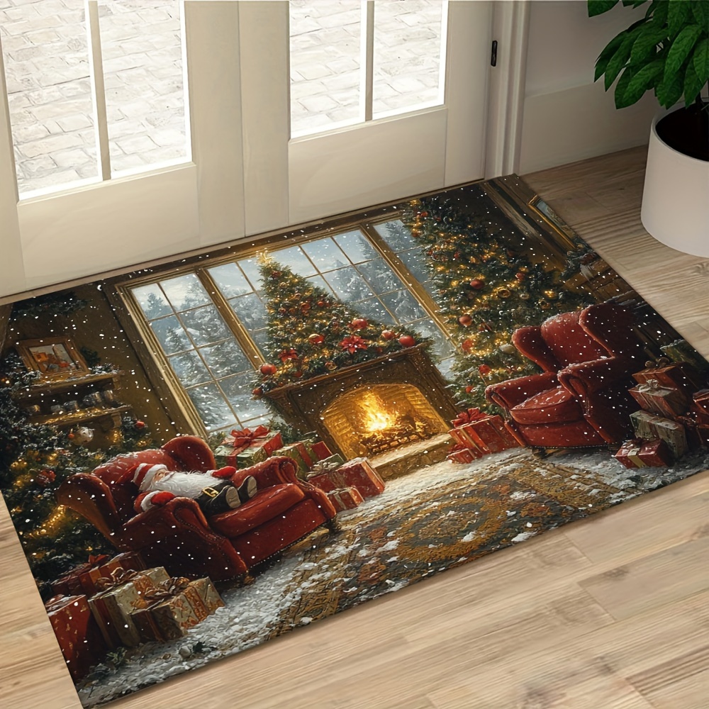 christmas holiday doormat with santa claus and fireplace design non slip rubber backed washable polyester rectangular entrance mat festive xmas   decoration lightweight braided rug details 9