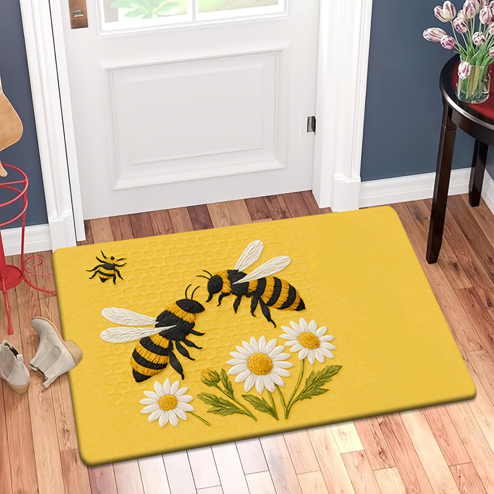 TEMU [ Product] [flannel And 1cm Thick Sponge Material] Fun Door Mat | Bee And Daisy Printed Doormat, Suitable For Bedroom, Kitchen, Dining Room,