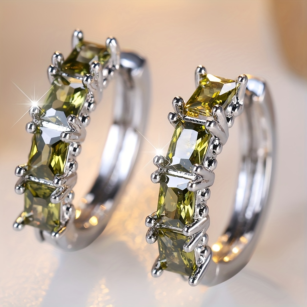 Image of Angol A Pair Of Rectangular Right-angle Olive Green Synthetic Synthetic Zirconia Half-hoop Earrings For Women, Fashionable, , And Elegant Earrings