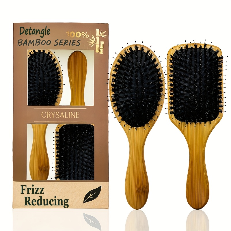 Image of 2 - Piece Natural Bamboo Hair Brush Set With Bristles - Smooth Hair, Scalp Massage, Air - Cushioned Design