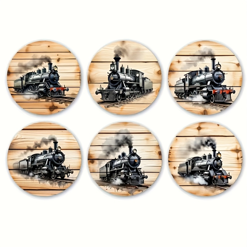Set Of 6 Vintage Light Wood Coasters Shaped Like Old Trains, Perfect For Train Enthusiasts' Home Decor