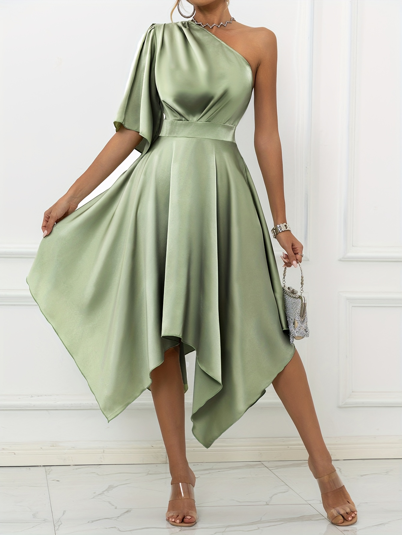 elegant asymmetrical one shoulder dress satin ruffle sleeves - Temu