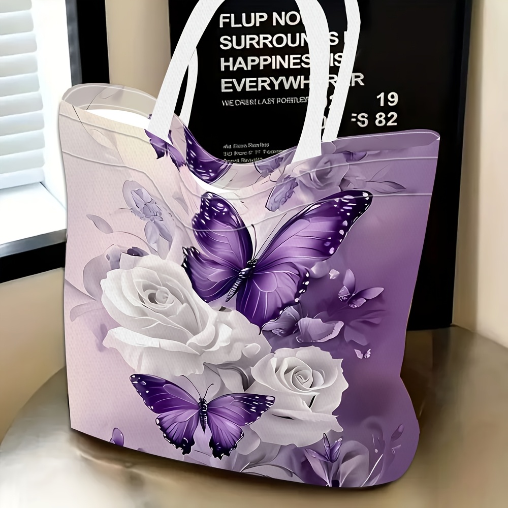 TEMU 1pc, Women'-shoulder Bag With Purple And White Rose Theme, Multi-functional, Tote Bag, Clutch, Evening Handbag, Travel Essential, Fine ,