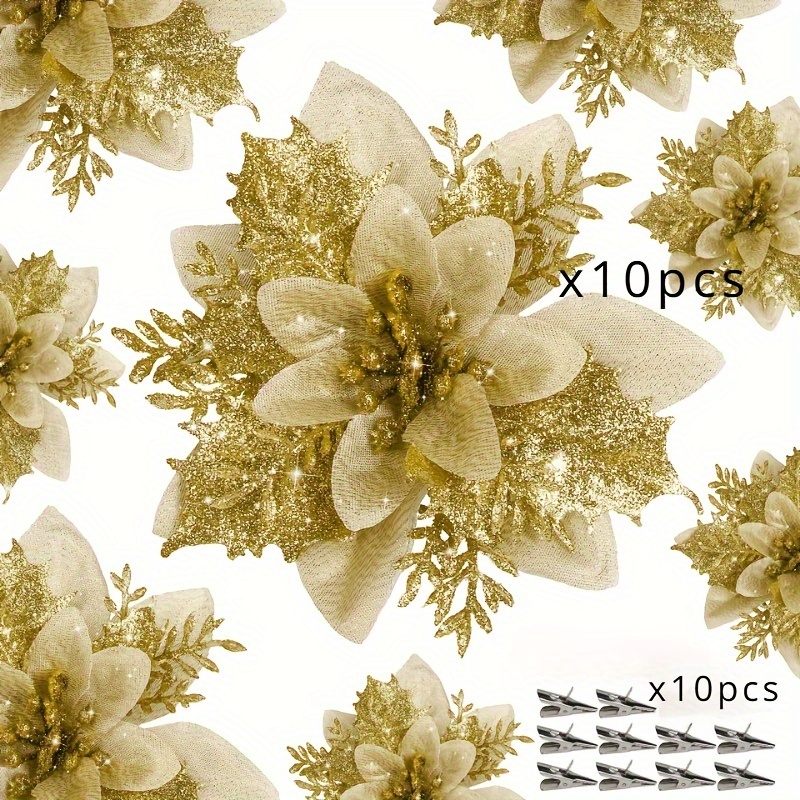 TEMU 20pcs Artificial Poinsettia Flowers For Christmas - Plastic Poinsettias With & , Ornaments For , Wedding & Decor, For Diy