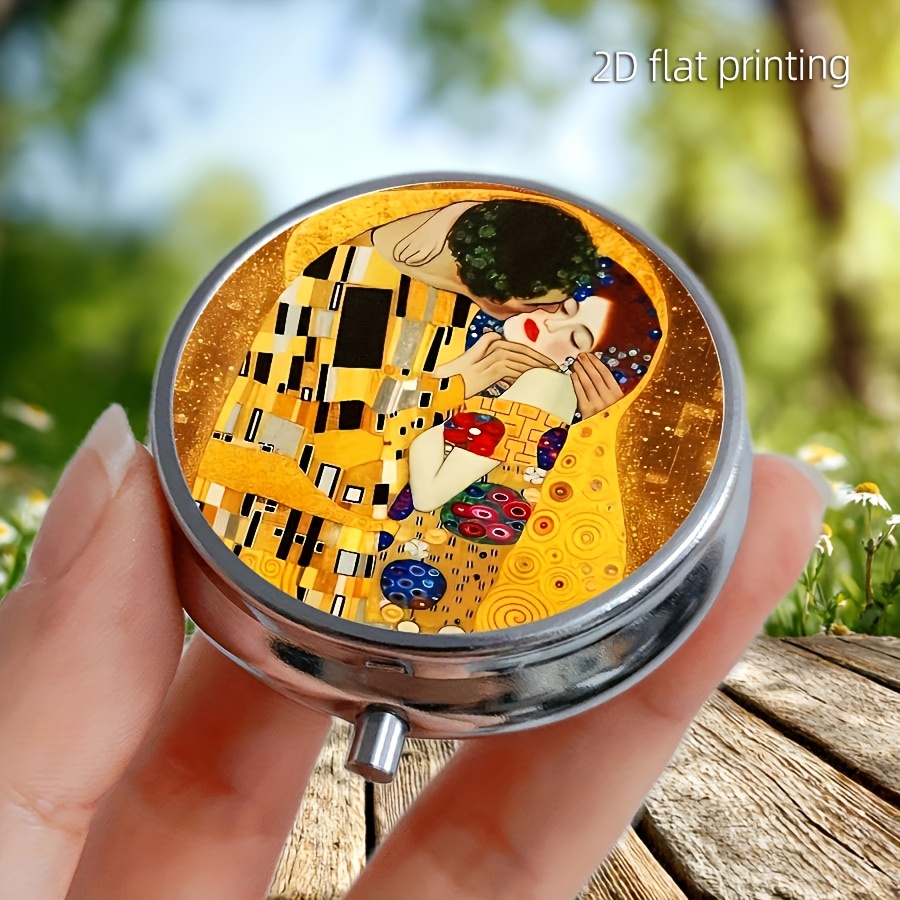 Image of 1pc Intimate Lovers Round Pill Box - 3-compartment Metal Medicine Organizer, Portable For Travel, Office, Or Gift, Pill Box For Purse