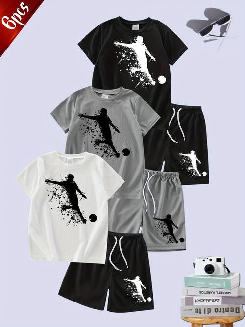 boys 6pcs quick dry football print sportswear set short sleeve sweat wicking breathable polyester round neck ideal for summer outdoor activities outdoor