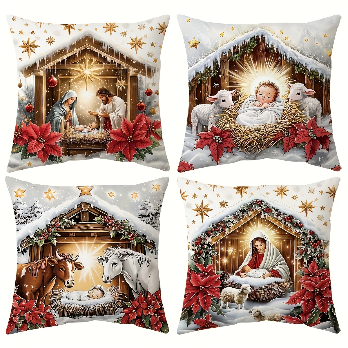 TEMU 2d Flat - 4pcs Warm Christmas Pillow Covers, Nativity Scene, 2d Flat Double-sided Print, Square Polyester Cushion Covers, Soft Decorative Pillow
