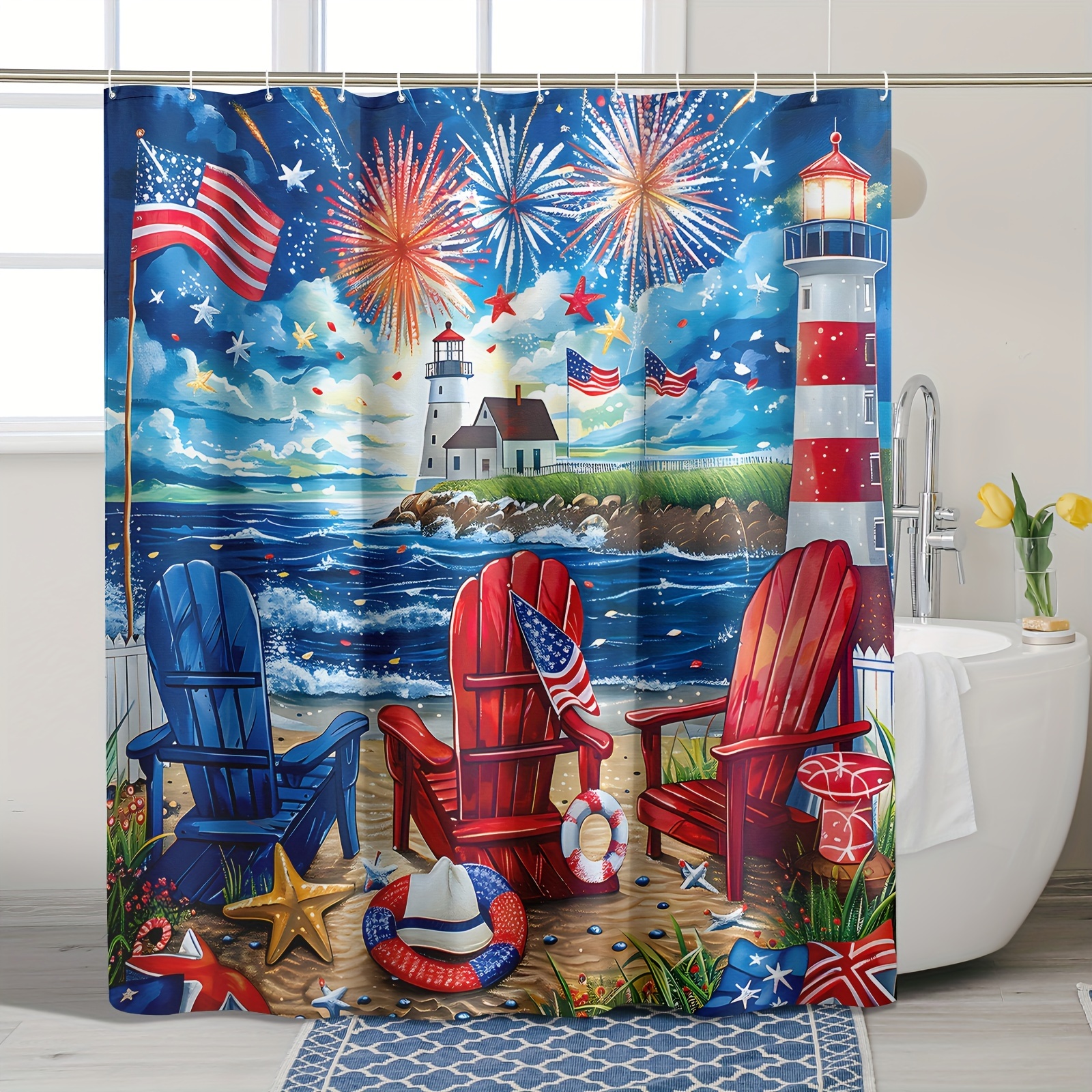 

1pc Patriotic 4th Of July Pattern Shower Curtain, Waterproof Shower Curtain With Hooks, Bathroom Partition, Bathroom Accessories, Home Decor