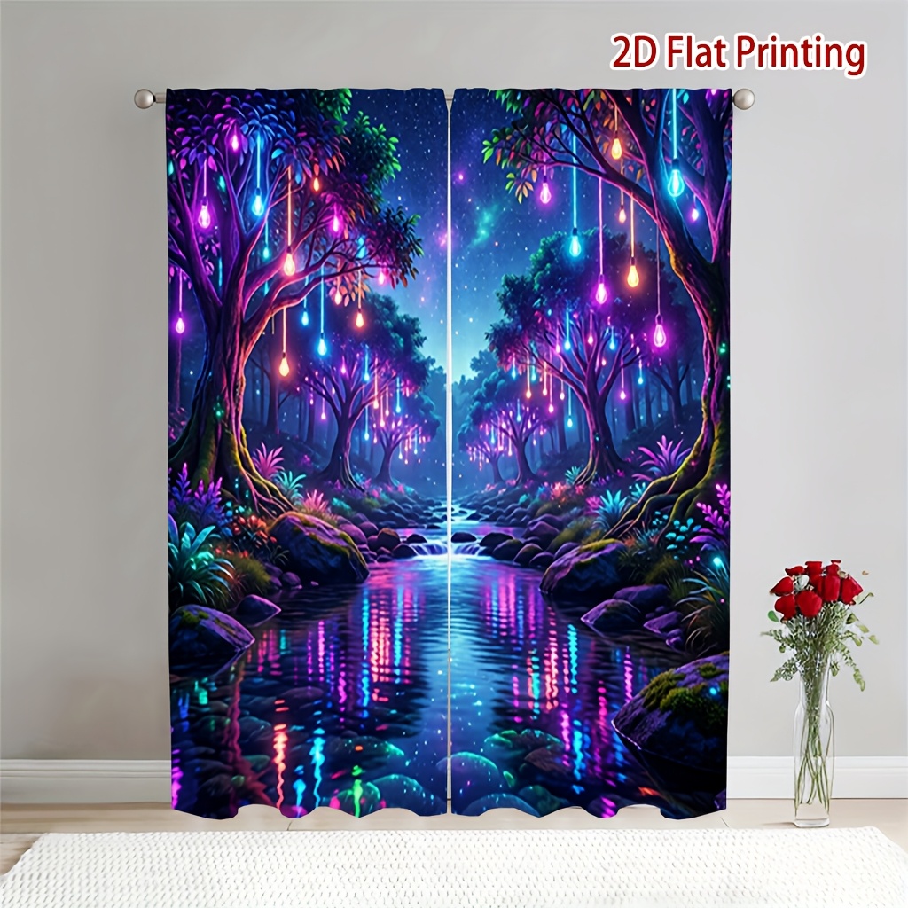 TEMU 2pcs Forest -the-dark Printed Curtains - Soft Light Filtering, Privacy Protection, Rod . Suitable For Living Room, Kitchen, Bedroom, Study,