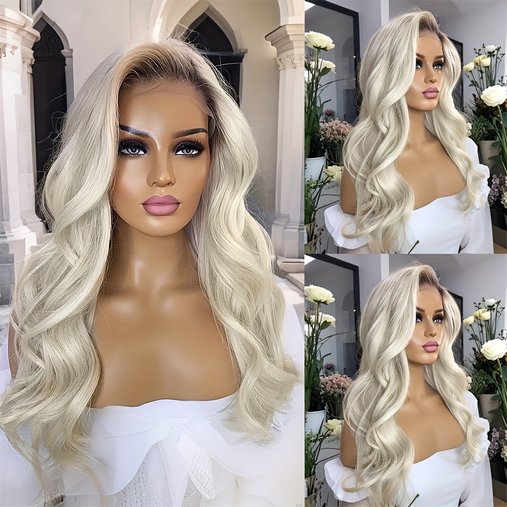 Image of 13x4 Transparent Lace Front Wig Brazilian Human Hair Suitable For Wedding & Natural Hairline, Glueless Platinum Blonde Ombre Wig With Pre Bleached Frontal, 180% Density Body Wave Hairpiece For