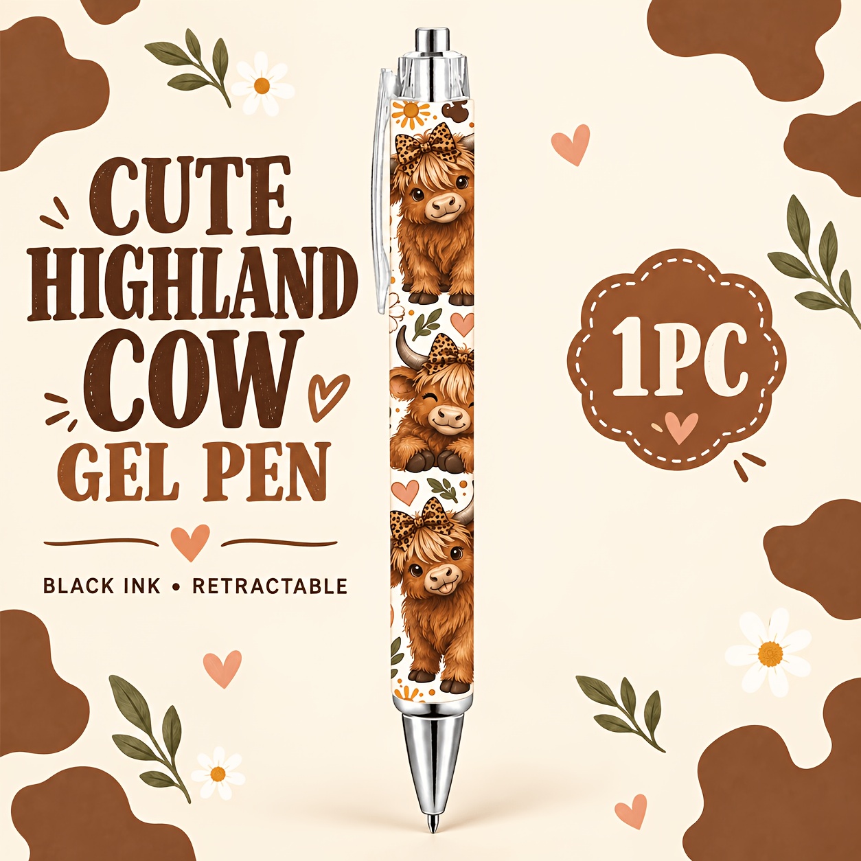 TEMU 1pc Cute Highland Cow Gel Pen, Black Ink Retractable Pen With Clear Acrylic Clip And Leopard Bow Print For Office And Gifts