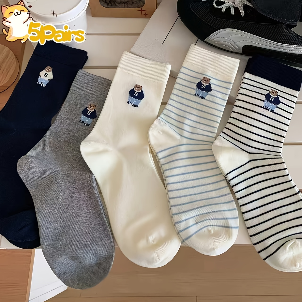 TEMU 5 Pairs Retro Bear Mid-calf Socks, Women's Striped Solid Pile Socks, Easy Korean Trendy All-match Breathable Casual Student Long Socks 5 Pairs