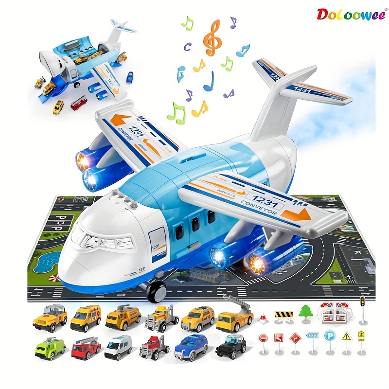 

Airplane Toys For 3+ Year Old - Transport Cargo Airplane Car Toy Play Set - 12pcs Construction Cars Toy Airplane For Boys Age 4-7, Toys Plane With Lights And Sounds
