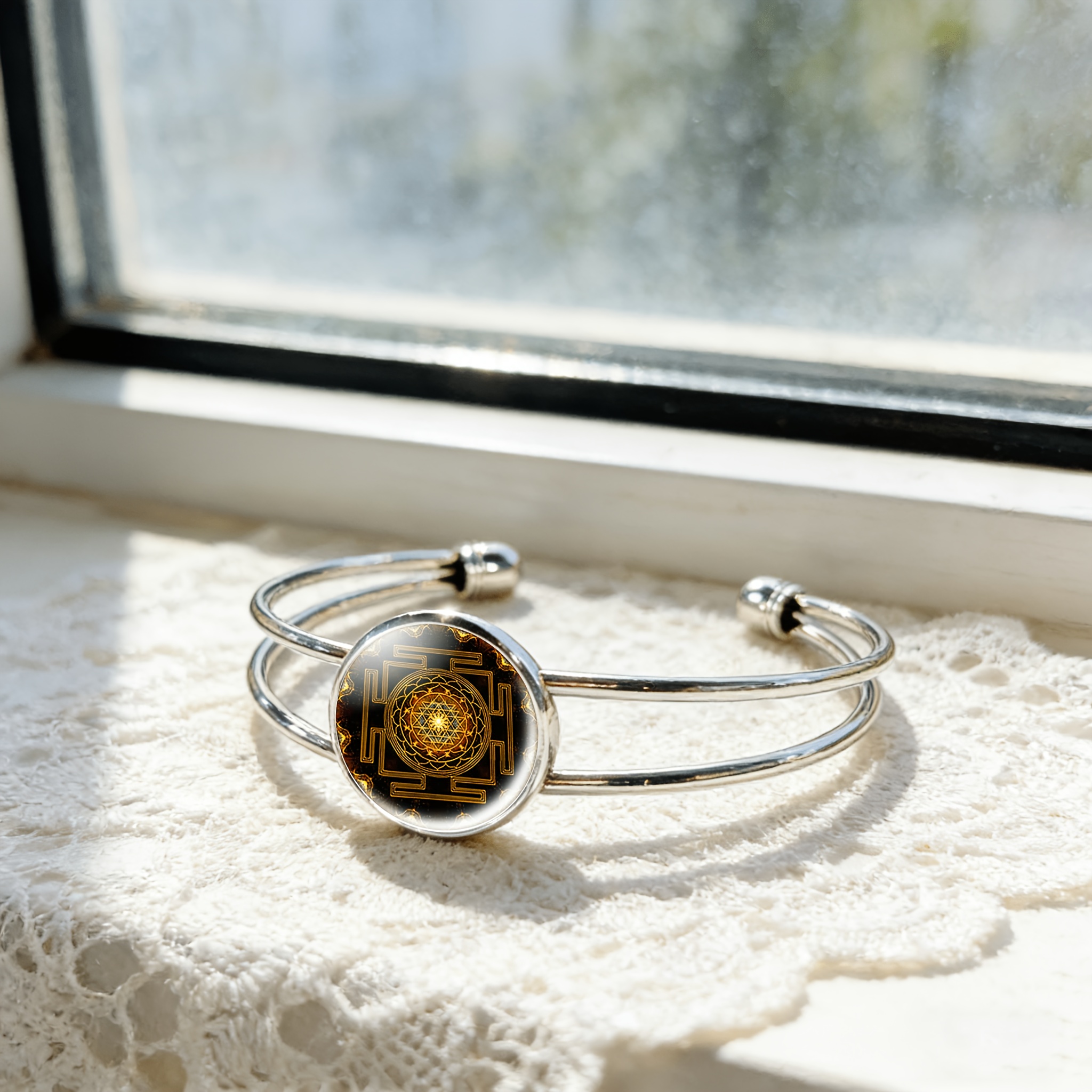 Women's Adjustable Open Bangle Bracelet with Gemstone Inlay