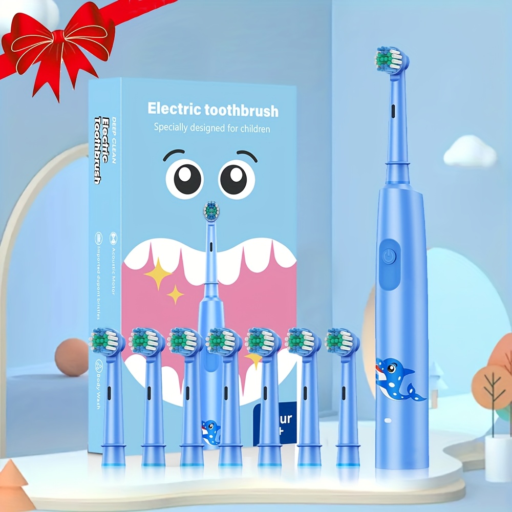 

1 Cute Children's Round Electric Toothbrush, 8 Interchangeable Heads, Usb Charging, For Basic Oral Hygiene And Care, Cartoon Design, Suitable For Children Aged 3 Years And Above, Best Christmas Gift