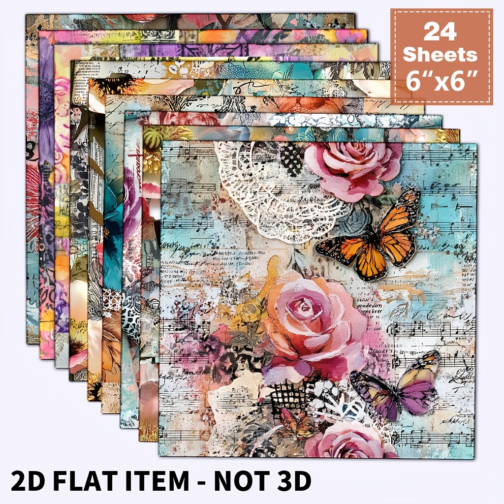TEMU 24 Feuilles de Papier de Scrapbooking Collage Floral Aquarelle Vintage 6x6 Pouces pour Collages de Journal, Fabrication de Cartes de Vœux et