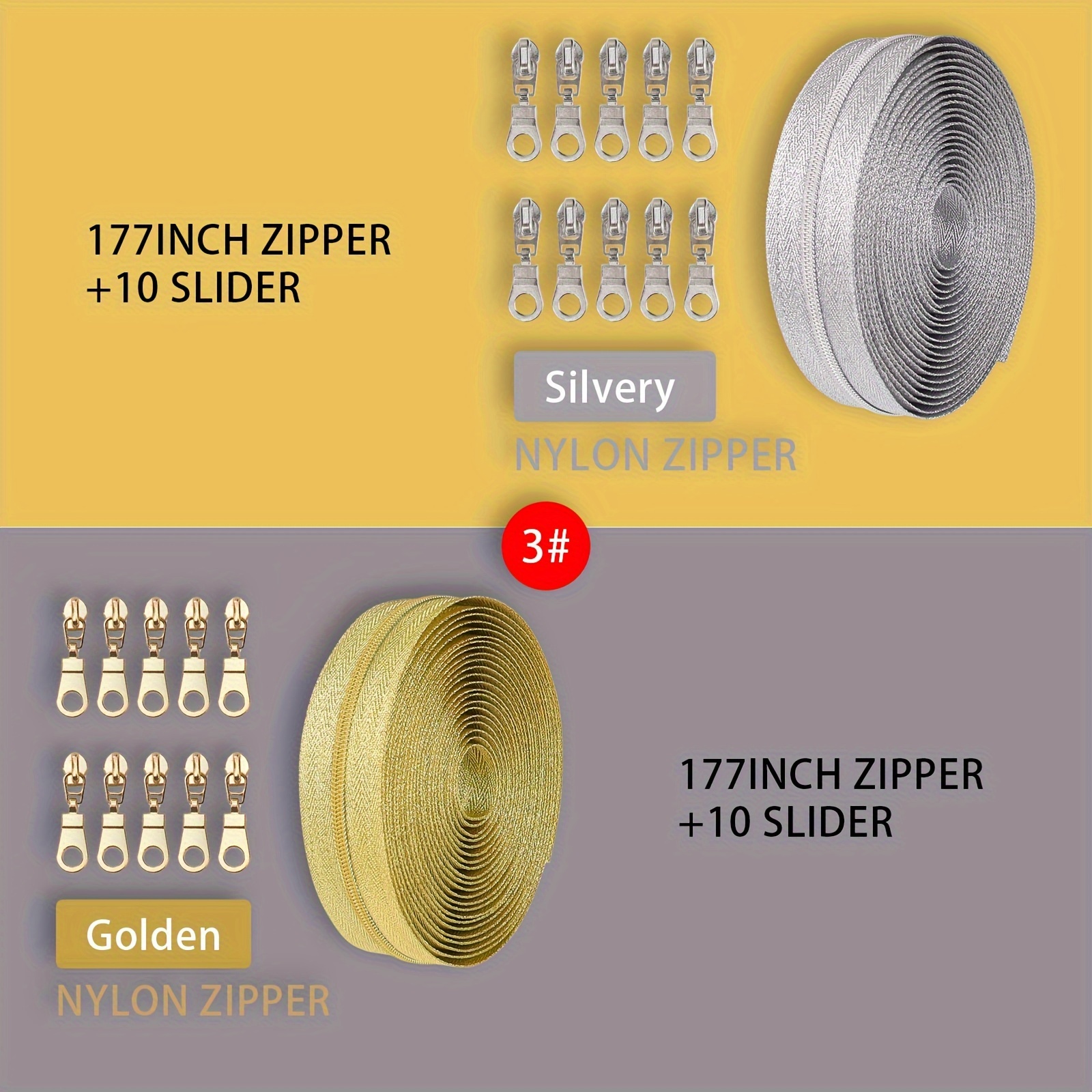 

Set Of 4.5m/177in Nylon Zipper With 10 Sliders - 3# Size For Clothing And Bags - Available In Golden And Silver Grey Colors