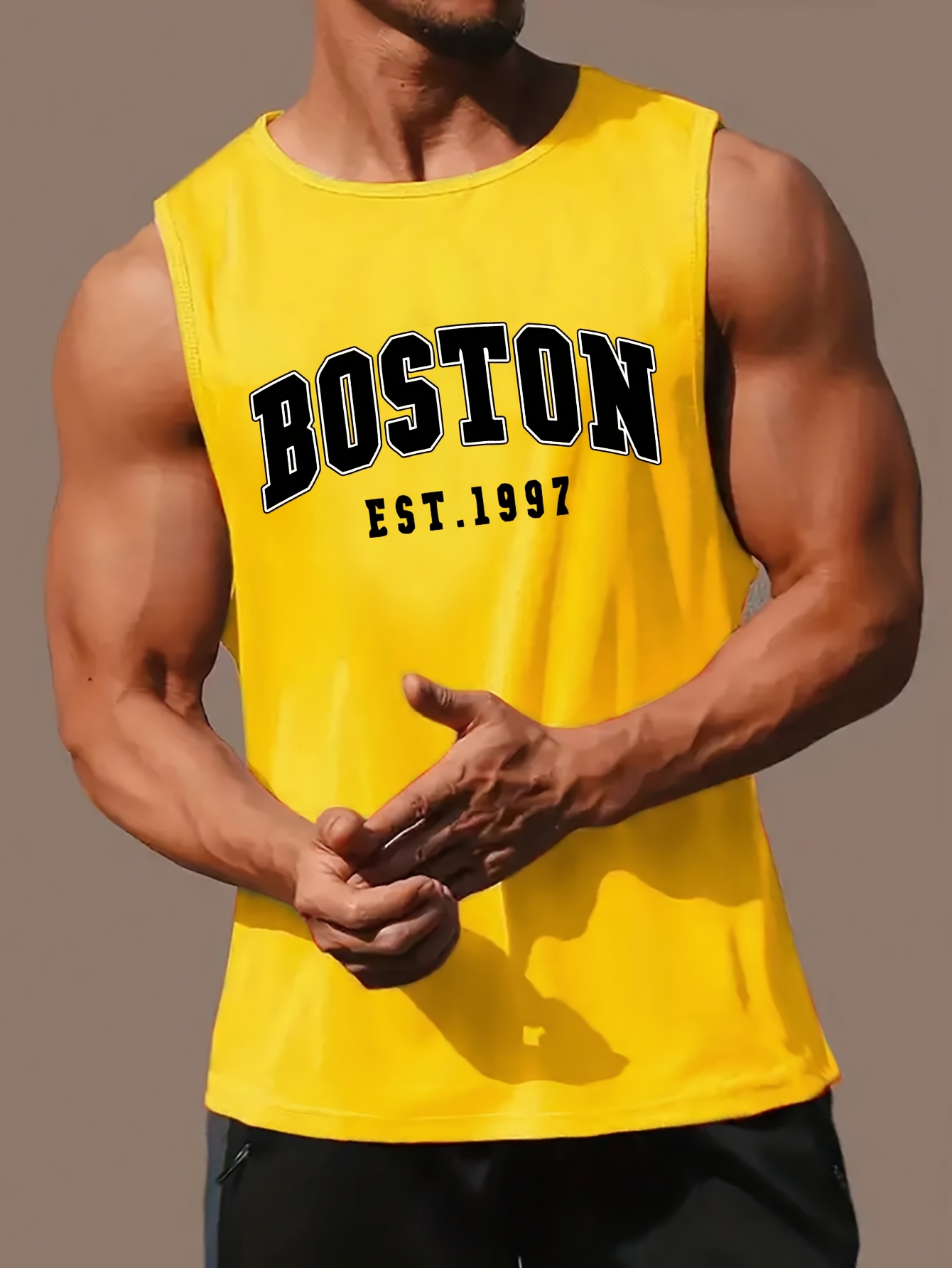 OBM Same Bond Men's Sleeveless Athletic Tank Top with Boston EST. 1997 Print - Black & Golden, Regular Fit, Machine Washable, All-Season Workout & Casual Wear, Sports Apparel, Sporty Look, Nontransparent Fabric
