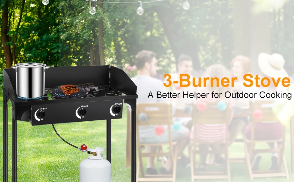Cast Iron Outdoor Gas Stove | Portable Propane Cooktop with Blue Flame Control, Removable Legs, Temperature Control Knobs, Wind Panel, Hose, Regulator & Storage Carry Case