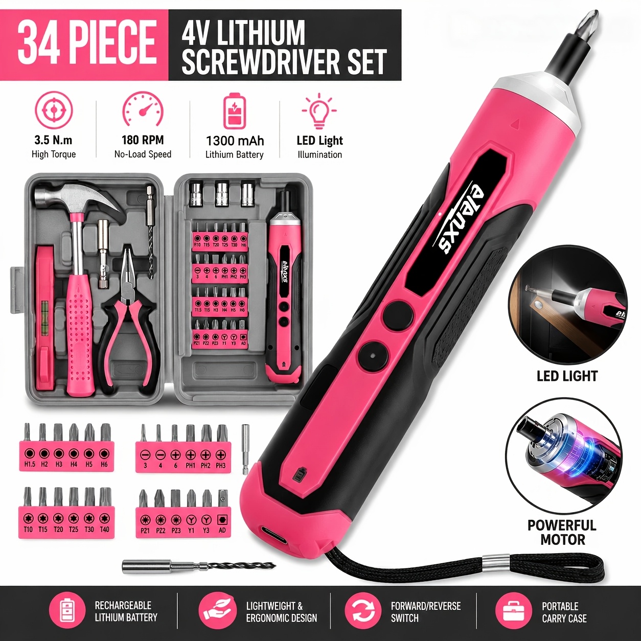 TEMU Elenxs 34pcs Cordless Electric Screwdriver Kit, Usb Small Power Screwdriver With Hammer & Pliers Home Diy Tool Kit Set, Rechargeable Screwdriver