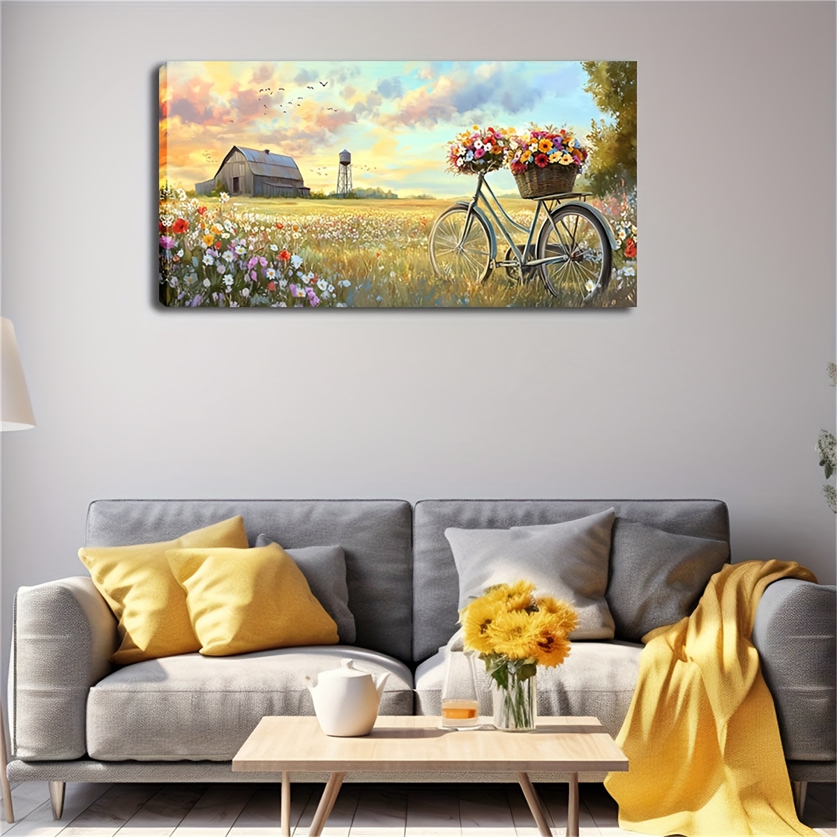TEMU 1 di Incorniciato di Grandi Dimensioni, Una Bicicletta con un Cesto di Fiori, Parcheggiata in Un Pieno di Fiori Colorati, per Casa, Soggiorno,