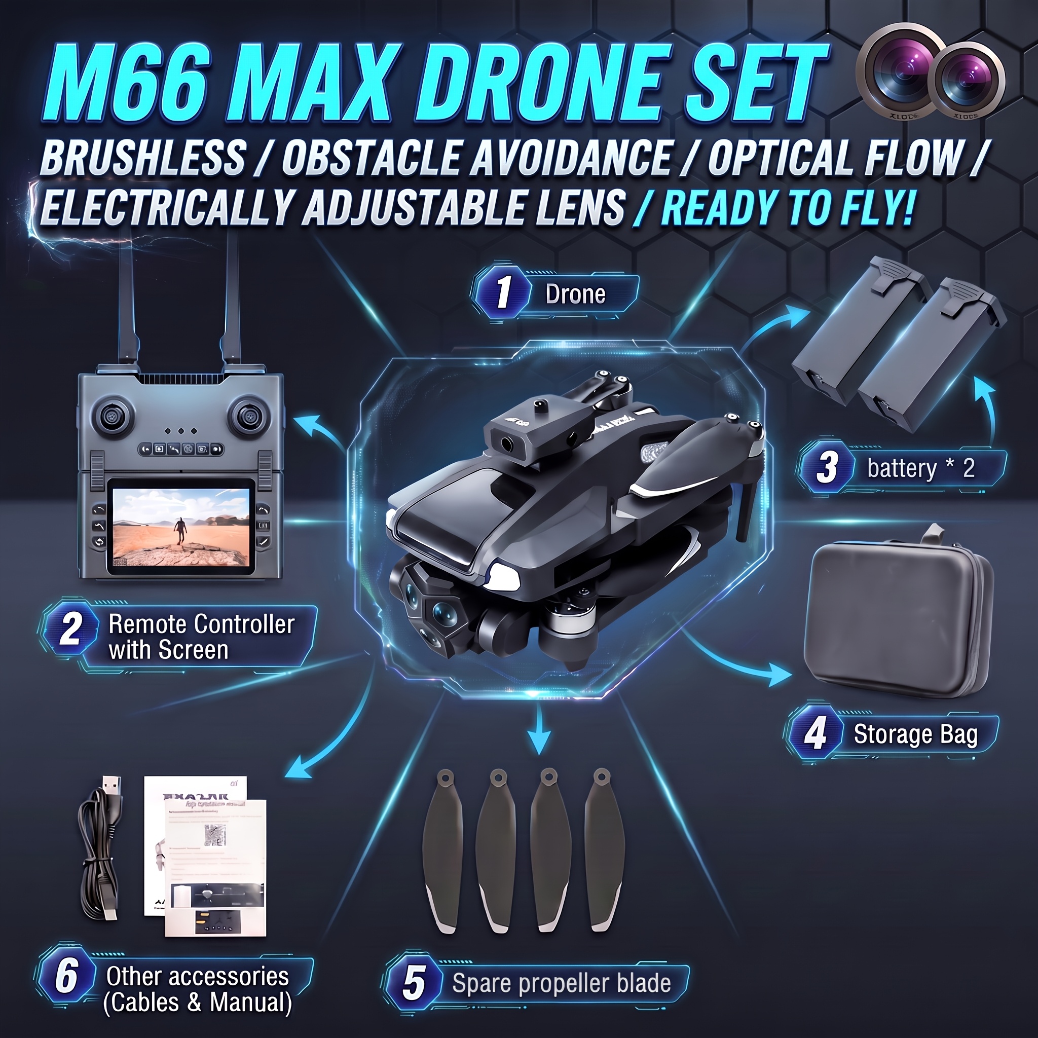 M66 Max Brushless Drone With Obstacle Avoidance & Folding Screen Remote Control, Hover, 720p Hd Camera, , Long Flight Time, Portable Quadcopter For Beginners