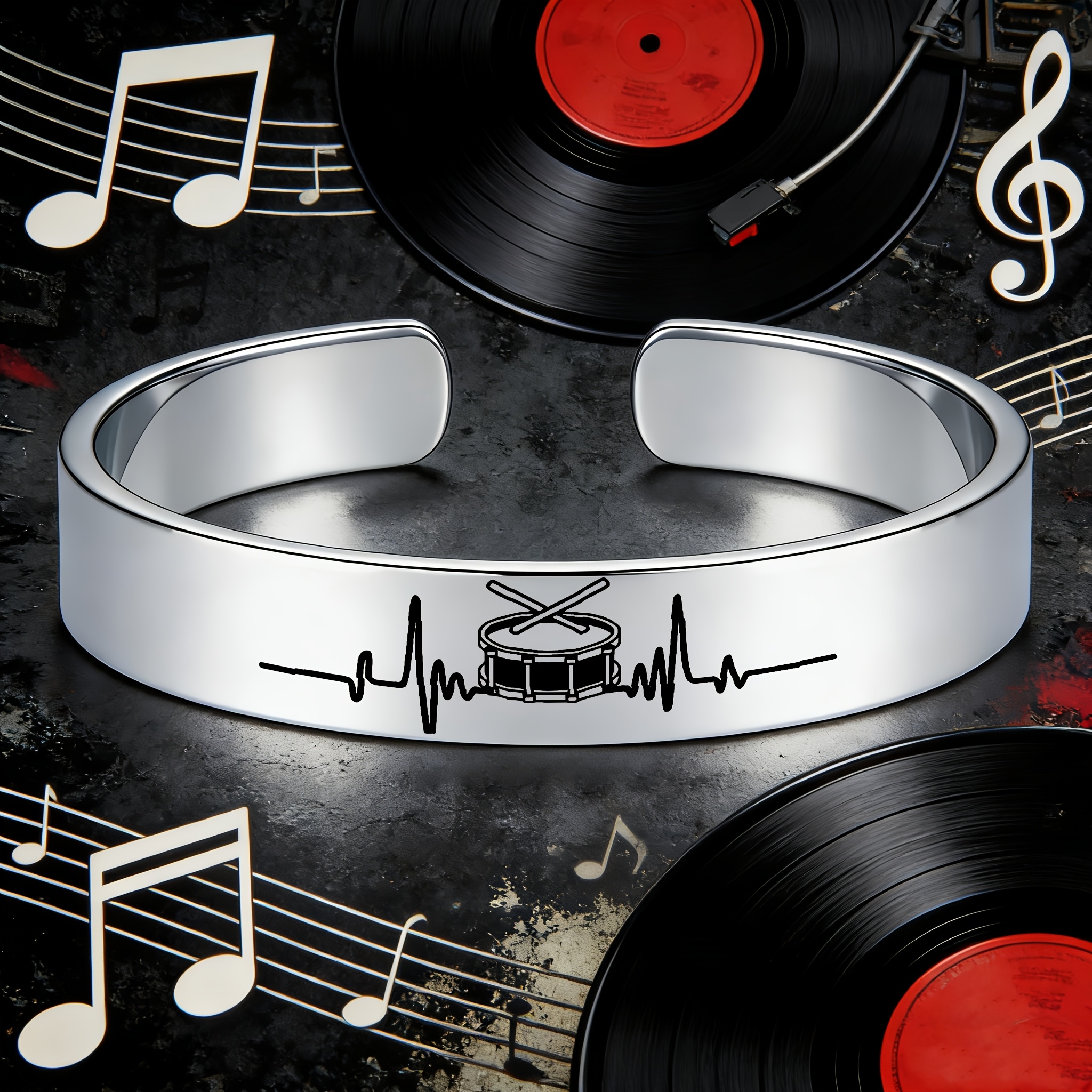 Music Heartbeat Drum Pattern Open Bangle, Gift for Music Lovers