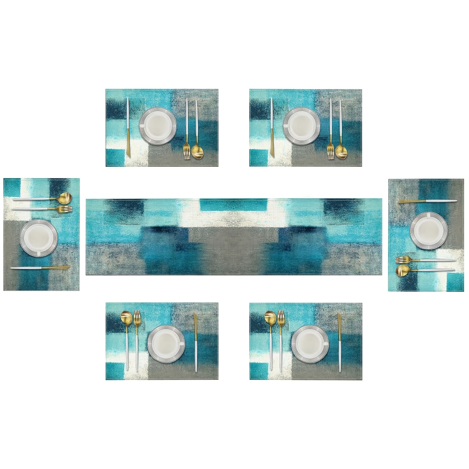 TEMU 1 Set, Farmhouse Table Runner And Placemats, Linen Abstract Blue And Gray Painting Art Table Decoration, Suitable For Daily Use 1pc Table Runner 72 Inches Long And 6pcs Placemats