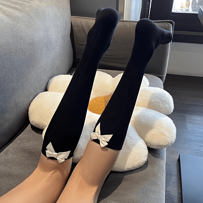 TEMU Black And White Individual Heel Bow Leg Breathable Socks Knee-length Jk Style Girly Ins Cute Over-the-knee Socks Women