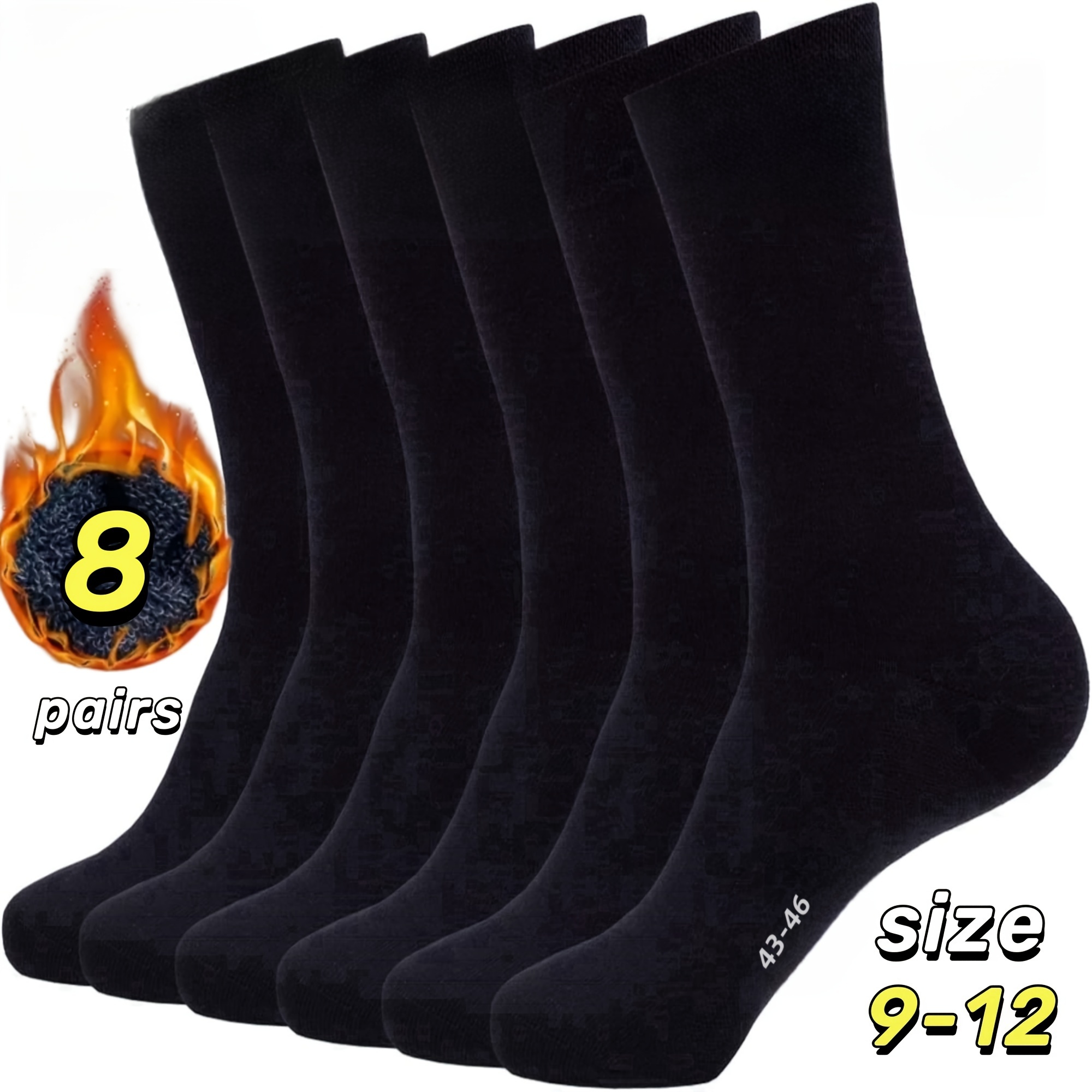 

8 Pairs Of Winter Solid Warm Mid-tube Men's Socks, High Stretch Cold Weather Casual Socks, Big Foot Us Sizes 9-12 Autumn And Winter Socks