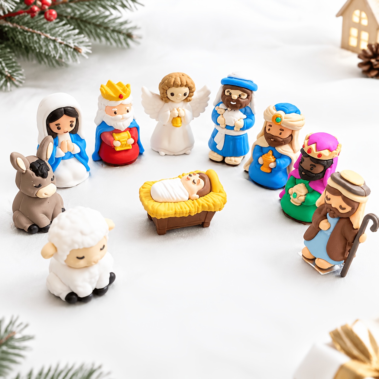 TEMU 10pcs Handmade Mini Nativity Scene Figures - Portable Pocket-sized Pvc Manger With Mary, Jesus, Shepherds & Animals Suitable For Christmas,