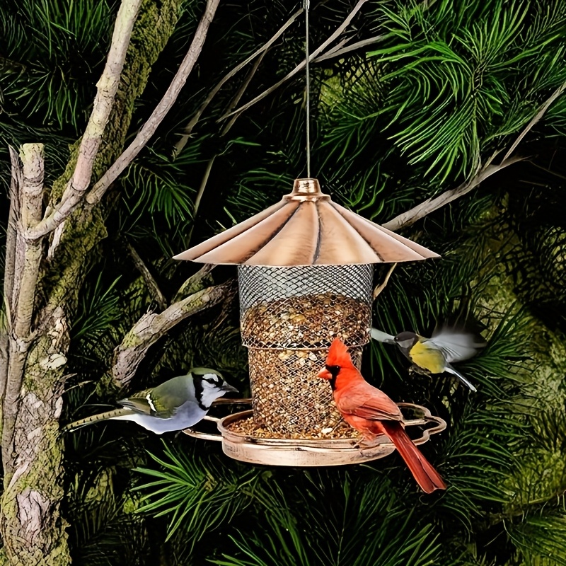 TEMU Large Heavy-duty Metal Outdoor Suspended Bird Feeder Suitable For Birds - Squirrel Proof Hanging Feeder With Flower Roof, 360° Feeding Ports, &