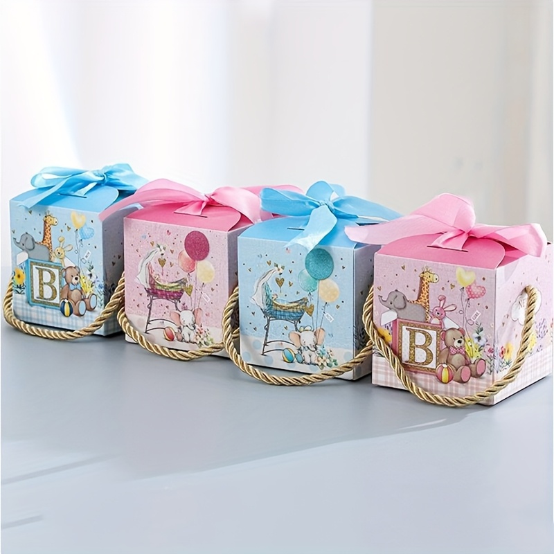 

20pcs Cartoon-themed Shower Gift Boxes With Blue Ribbons - Adorable Elephant & Giraffe Designs, Birthday, Baptism, And Shower Favors, Paper Candy Boxes With Balloons & Animals, Shower Decorations