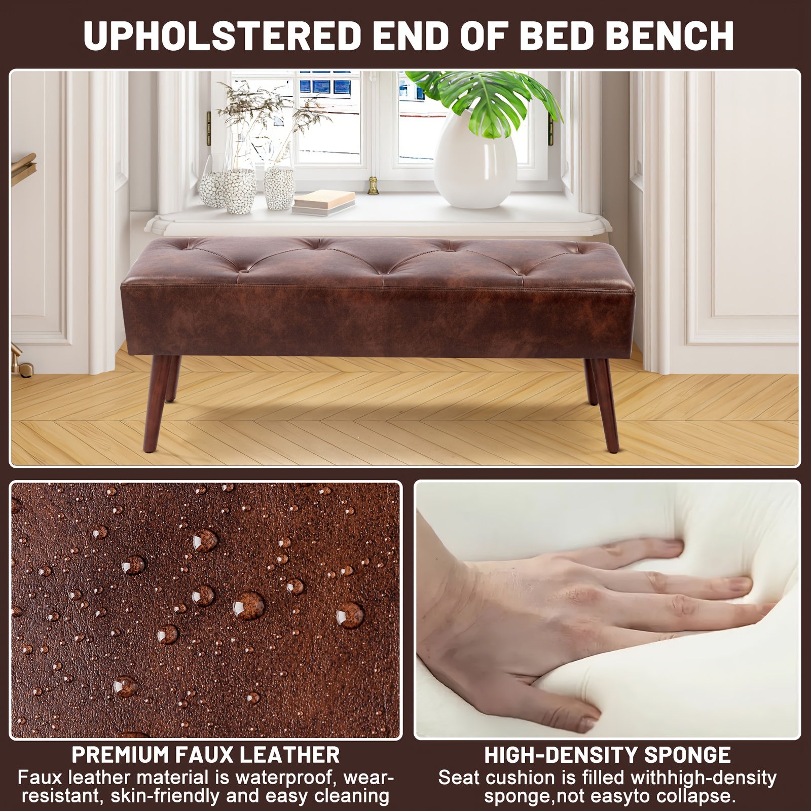 44-inch Brown Pu Bench, Bedroom Bench, Living Room Shoe Bench, Suitable for Multiple Scenes, Multiple Colors Available