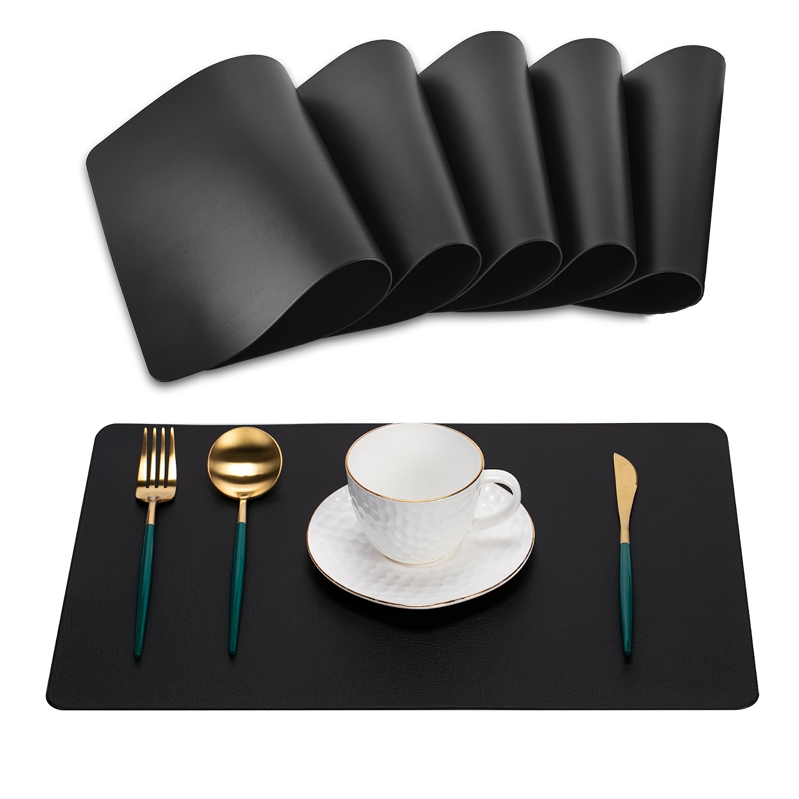 Image of 6pcs Set Of Black Round And Oval Faux Leather Table Mats, Washable And Suitable For Kitchen, Indoor And Outdoor Dining Tables, 40x33cm, For Spring