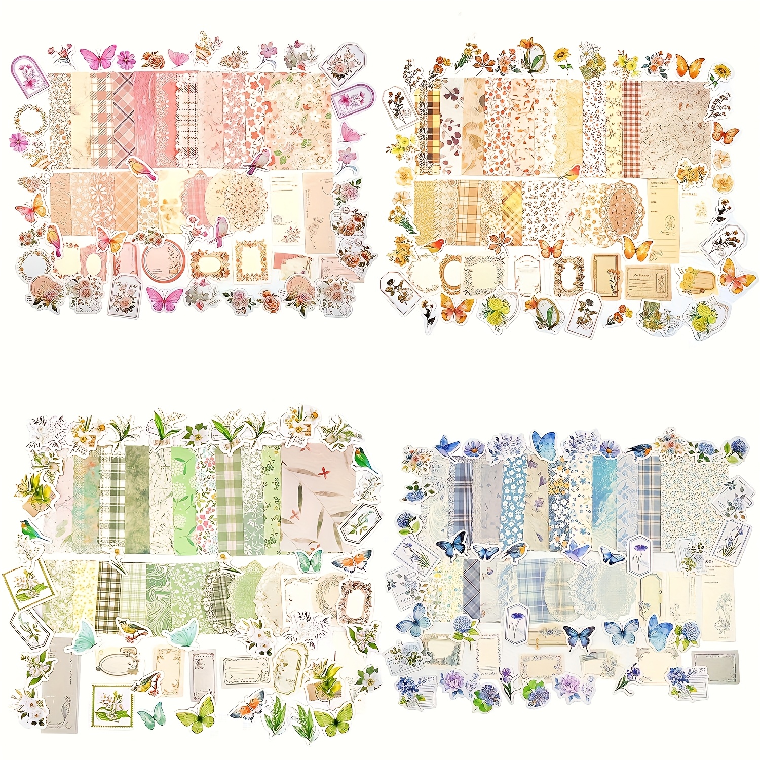 Image of Set Of Assorted Vintage Floral Paper And Journaling Stickers, 400pcs In 4 Packs, Perfect For Retro Crafts, Junk Journals, Mixed Media Collages, And Scrapbooking